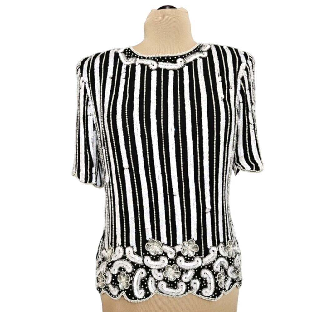 Vintage‎ Stenay Silk Beaded Sequin Scalloped Back Zip Lined Dressy Top Large